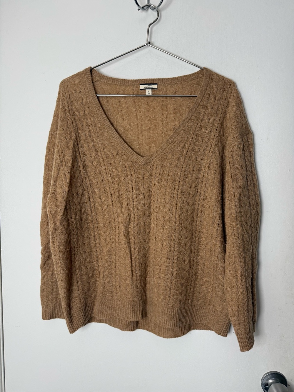 J.Crew light brown, cashmere V-neck cable knit long sleeve sweater L